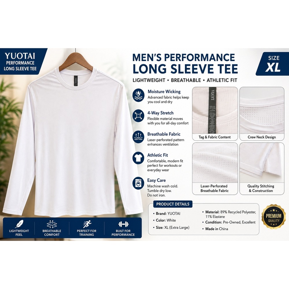 Vuori Mens White Long Sleeve Perforated Performance Athletic Training Shirt L